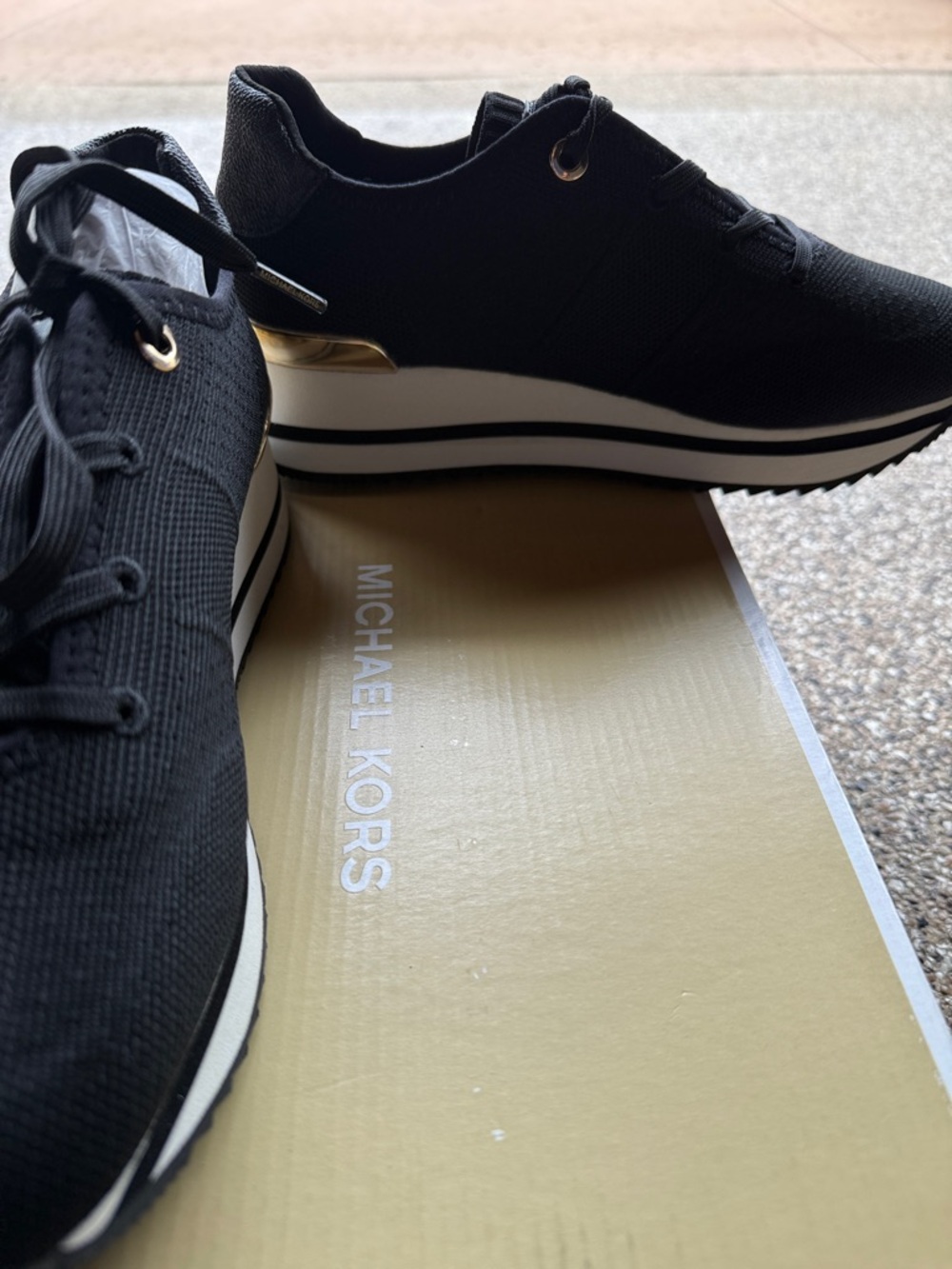 Michael Kors Black Knit Platform Trainer Sneakers with Gold Accents - Picture 3 of 6